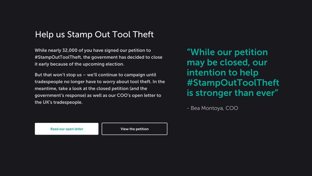 Stamp Out Tool Theft petition suspended due to upcoming election image